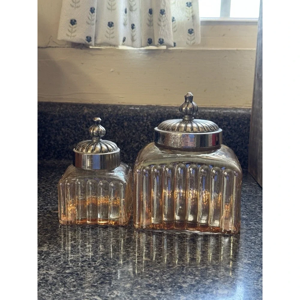 2- ANDREA by SADEK CANISTER/CONTAINERS Iridescent Amber/Gold‎  Silver Tone Lids